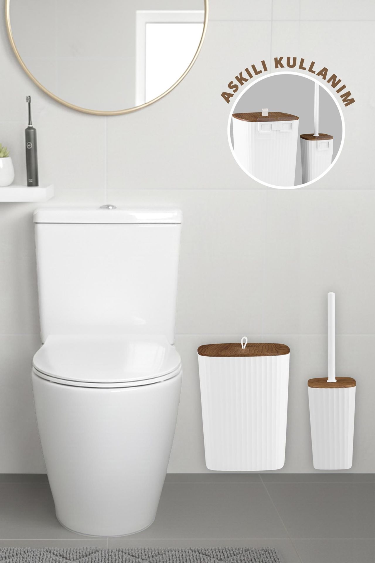 Okyanus Home Safir Yapışkanlı Ahşap Detaylı Wc Fırçalık ve Çöp Kovası Seti Beyaz 2'li Banyo Seti