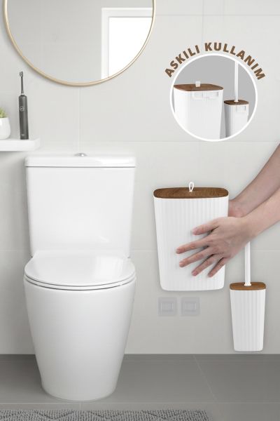 Okyanus Home Safir Yapışkanlı Ahşap Detaylı Wc Fırçalık ve Çöp Kovası Seti Beyaz 2'li Banyo Seti