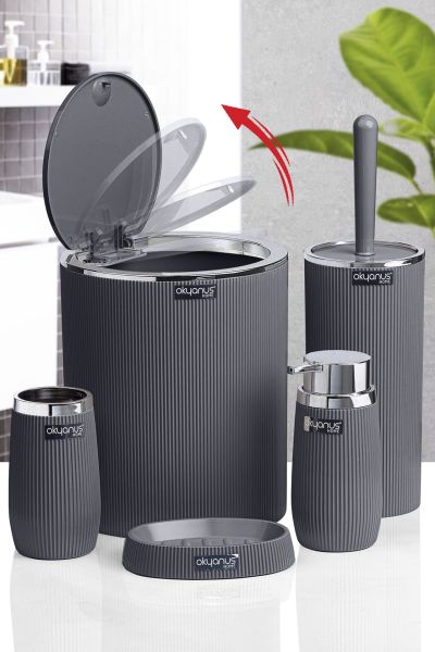 Okyanus Home Antrasit Kromlu Çizgili Yuvarlak 5'li Banyo Seti