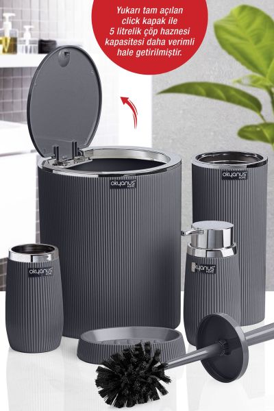 Okyanus Home Antrasit Kromlu Çizgili Yuvarlak 5'li Banyo Seti
