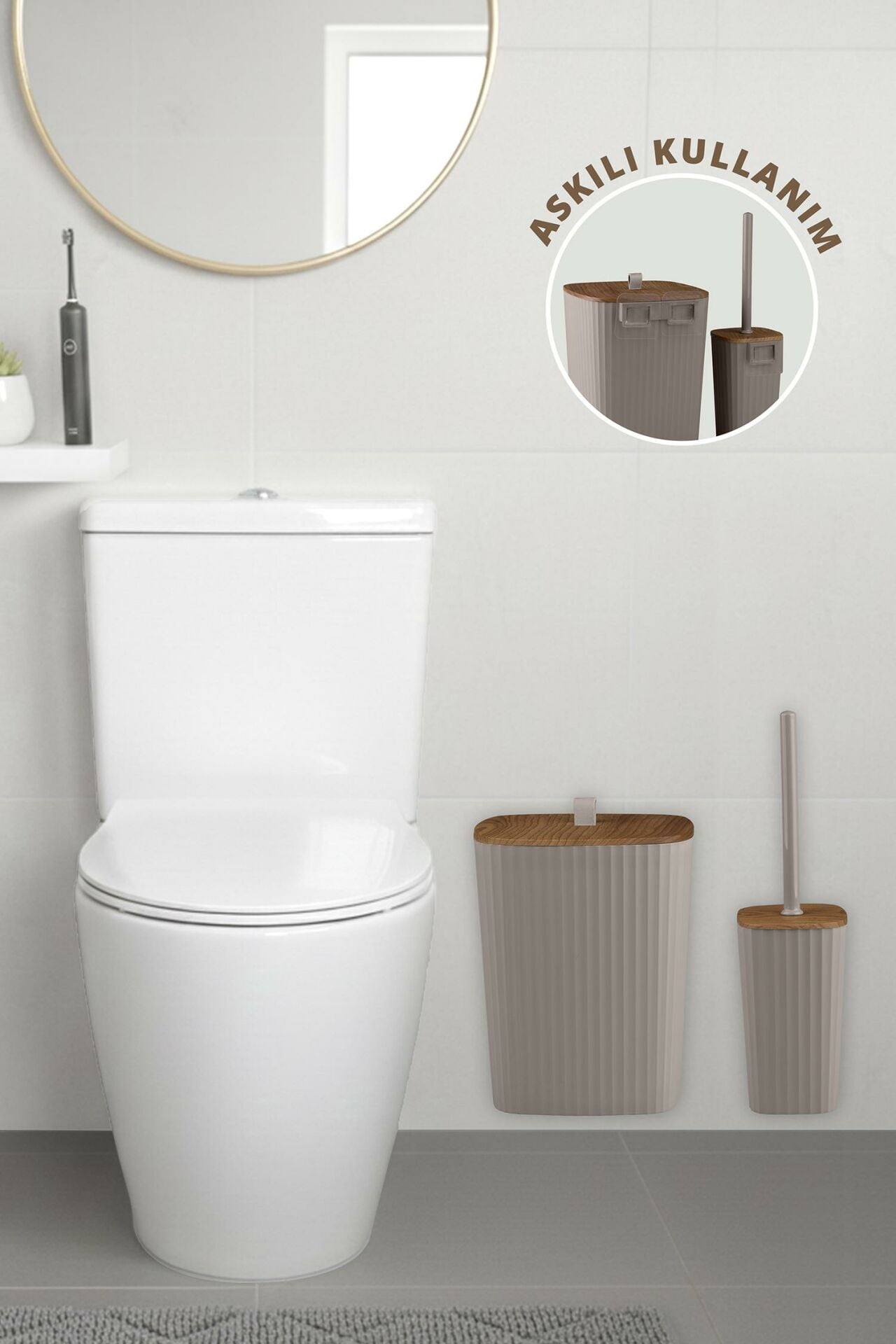 Okyanus Home Safir Yapışkanlı Ahşap Detaylı Wc Fırçalık ve Çöp Kovası Seti Vizon 2'li Banyo Seti