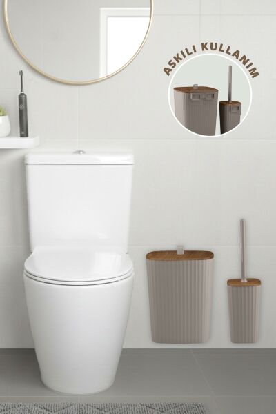 Okyanus Home Safir Yapışkanlı Ahşap Detaylı Wc Fırçalık ve Çöp Kovası Seti Vizon 2'li Banyo Seti