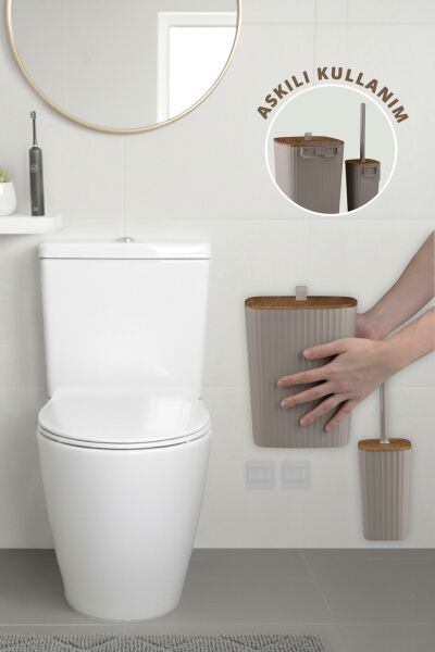 Okyanus Home Safir Yapışkanlı Ahşap Detaylı Wc Fırçalık ve Çöp Kovası Seti Vizon 2'li Banyo Seti