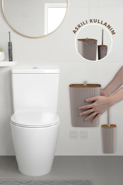 Okyanus Home Safir Yapışkanlı Ahşap Detaylı Wc Fırçalık ve Çöp Kovası Seti Vizon 2'li Banyo Seti