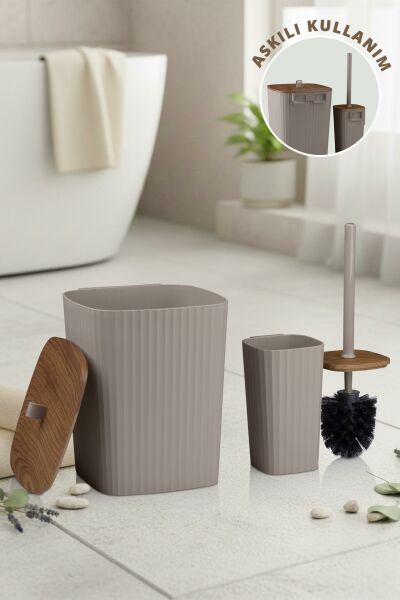 Okyanus Home Safir Yapışkanlı Ahşap Detaylı Wc Fırçalık ve Çöp Kovası Seti Vizon 2'li Banyo Seti