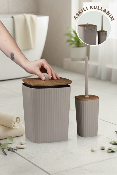 Okyanus Home Safir Yapışkanlı Ahşap Detaylı Wc Fırçalık ve Çöp Kovası Seti Vizon 2'li Banyo Seti