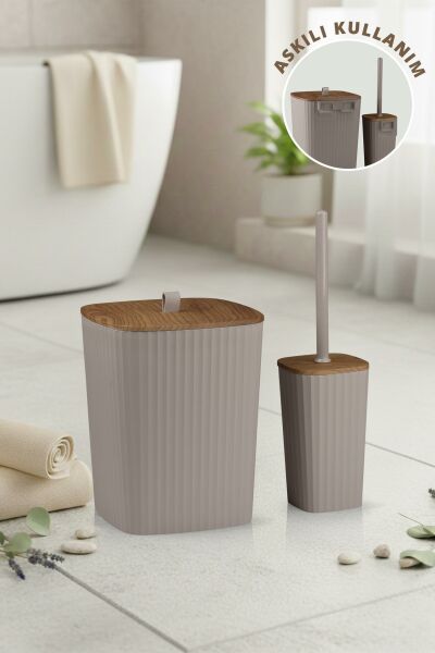 Okyanus Home Safir Yapışkanlı Ahşap Detaylı Wc Fırçalık ve Çöp Kovası Seti Vizon 2'li Banyo Seti