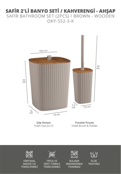 Okyanus Home Safir Yapışkanlı Ahşap Detaylı Wc Fırçalık ve Çöp Kovası Seti Vizon 2'li Banyo Seti