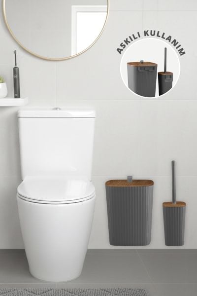 Okyanus Home Safir Yapışkanlı Ahşap Detaylı Wc Fırçalık ve Çöp Kovası Seti Antrasit 2'li Banyo Seti