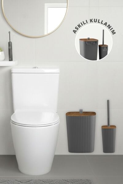 Okyanus Home Safir Yapışkanlı Ahşap Detaylı Wc Fırçalık ve Çöp Kovası Seti Antrasit 2'li Banyo Seti