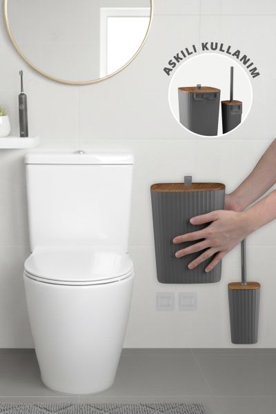 Okyanus Home Safir Yapışkanlı Ahşap Detaylı Wc Fırçalık ve Çöp Kovası Seti Antrasit 2'li Banyo Seti