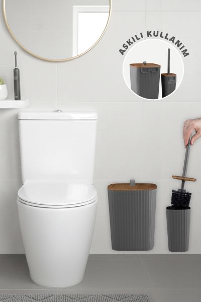 Okyanus Home Safir Yapışkanlı Ahşap Detaylı Wc Fırçalık ve Çöp Kovası Seti Antrasit 2'li Banyo Seti