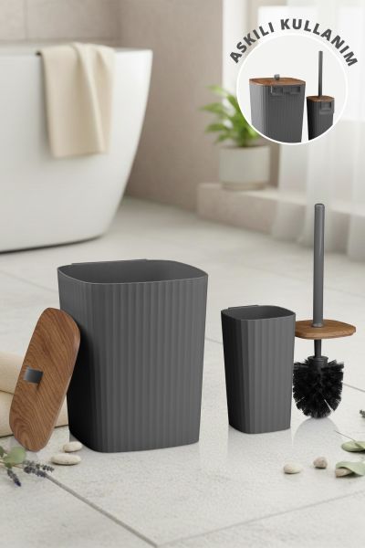 Okyanus Home Safir Yapışkanlı Ahşap Detaylı Wc Fırçalık ve Çöp Kovası Seti Antrasit 2'li Banyo Seti