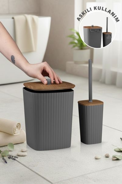 Okyanus Home Safir Yapışkanlı Ahşap Detaylı Wc Fırçalık ve Çöp Kovası Seti Antrasit 2'li Banyo Seti