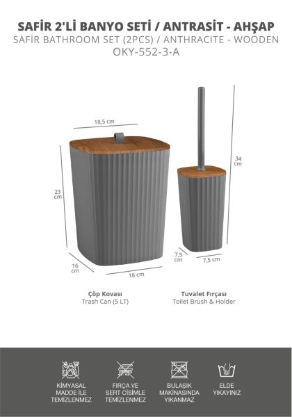 Okyanus Home Safir Yapışkanlı Ahşap Detaylı Wc Fırçalık ve Çöp Kovası Seti Antrasit 2'li Banyo Seti