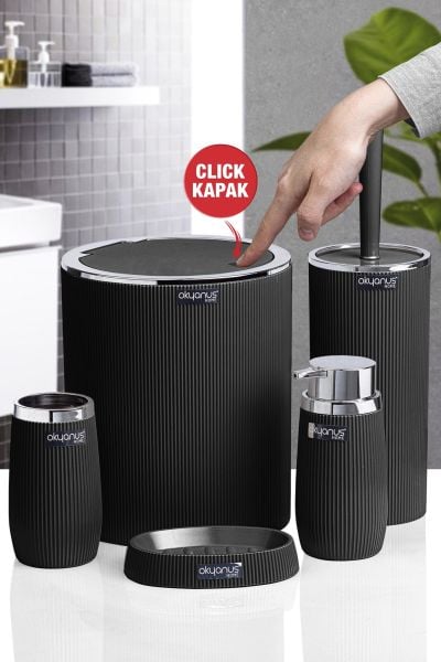 Okyanus Home Siyah Kromlu Çizgili Yuvarlak 5'li Banyo Seti