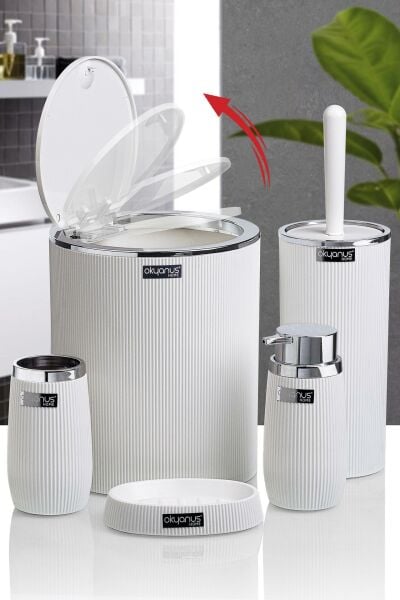 Okyanus Home Beyaz Kromlu Çizgili Yuvarlak 5'li Banyo Seti