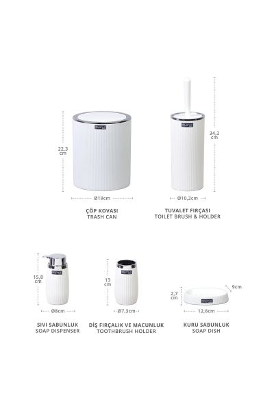 Okyanus Home Beyaz Kromlu Çizgili Yuvarlak 5'li Banyo Seti