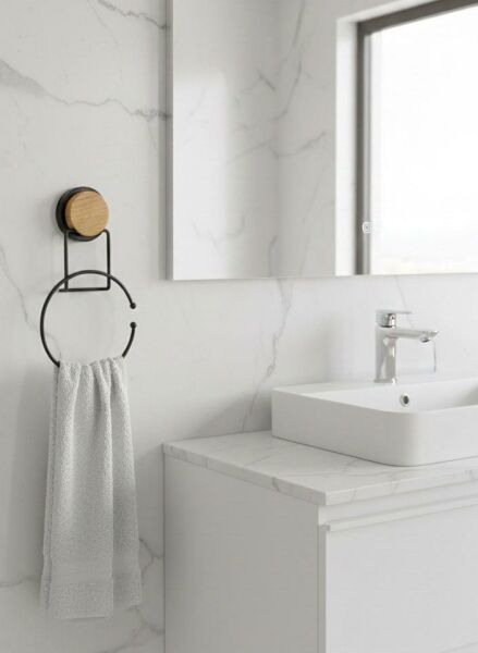 Okyanus Home Ahşap Desenli Magic Fix Sihirli Yapışkan Siyah Yuvarlak Havluluk