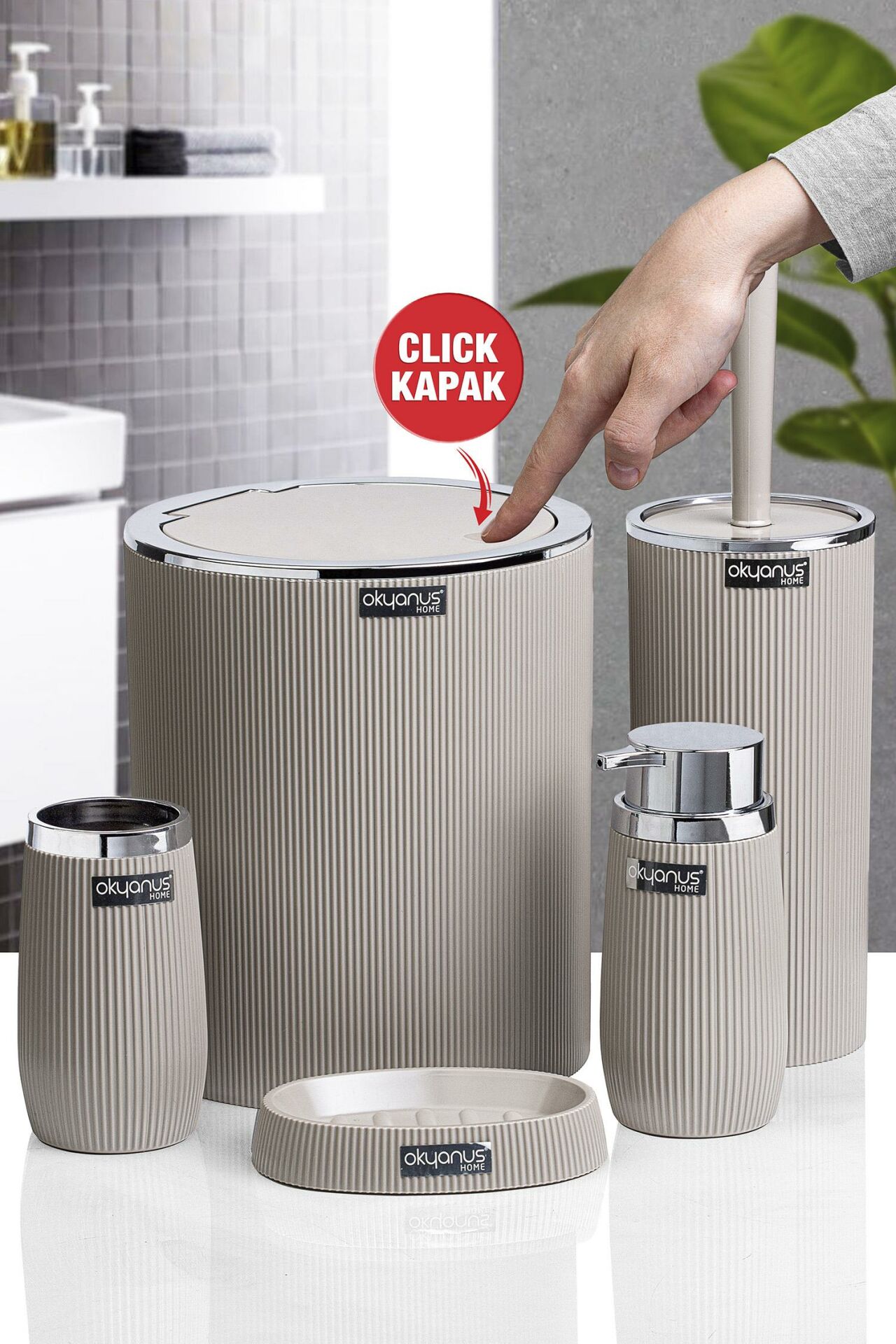 Okyanus Home Vizon Kromlu Çizgili Yuvarlak 5'li Banyo Seti