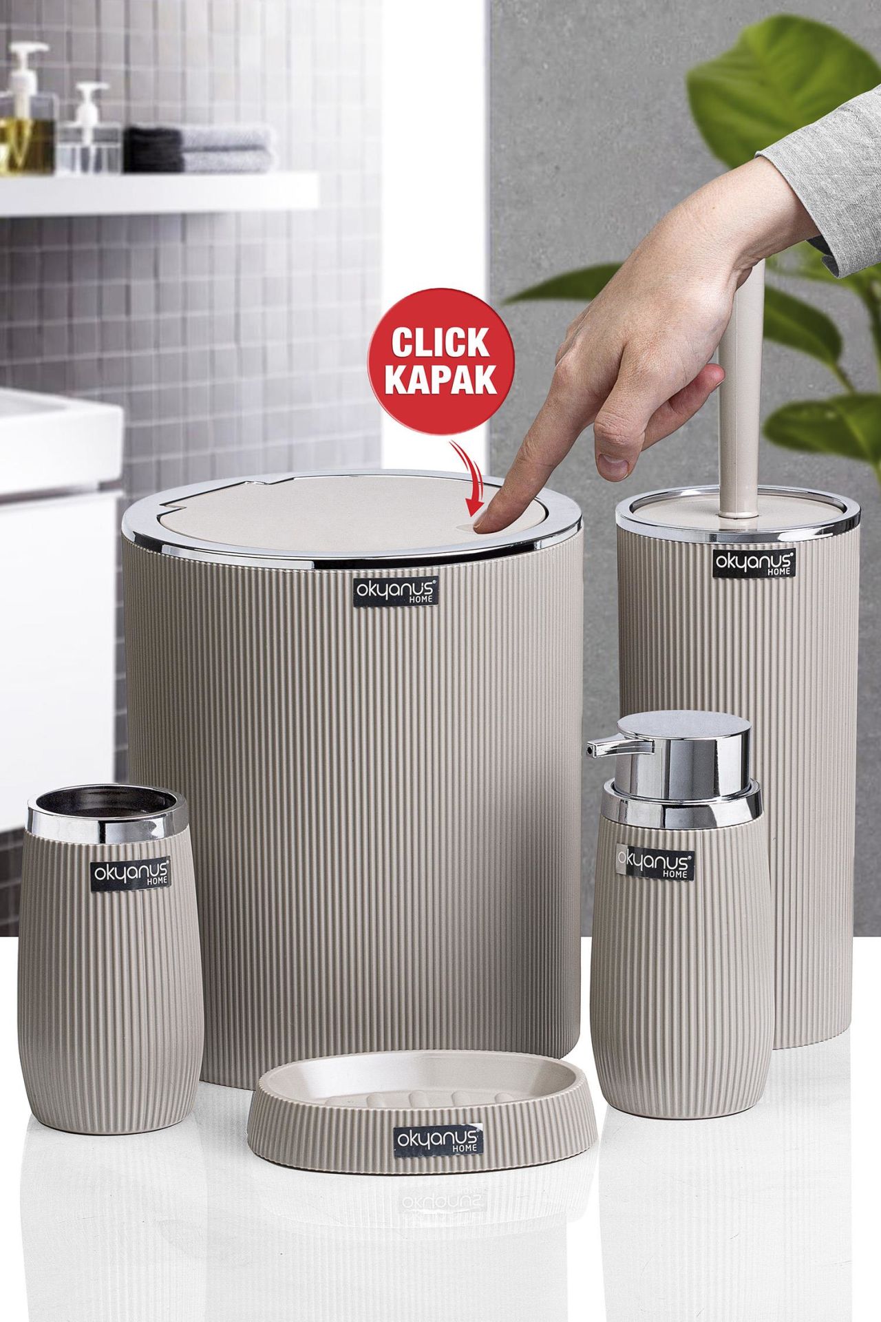 Okyanus Home Vizon Kromlu Çizgili Yuvarlak 5'li Banyo Seti