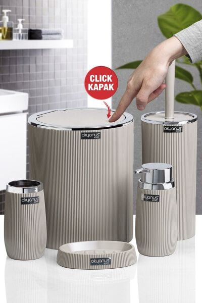 Okyanus Home Vizon Kromlu Çizgili Yuvarlak 5'li Banyo Seti