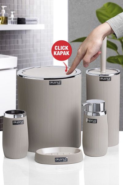Okyanus Home Vizon Kromlu Çizgili Yuvarlak 5'li Banyo Seti