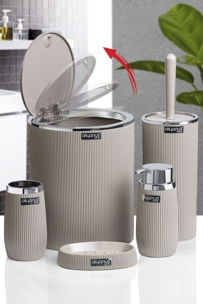 Okyanus Home Vizon Kromlu Çizgili Yuvarlak 5'li Banyo Seti