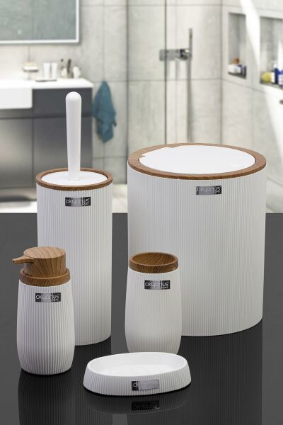 Okyanus Home Beyaz Ahşap Çizgili Yuvarlak 5'li Banyo Seti