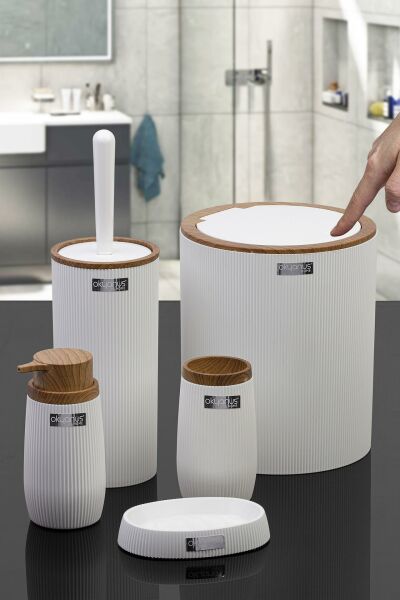 Okyanus Home Beyaz Ahşap Çizgili Yuvarlak 5'li Banyo Seti