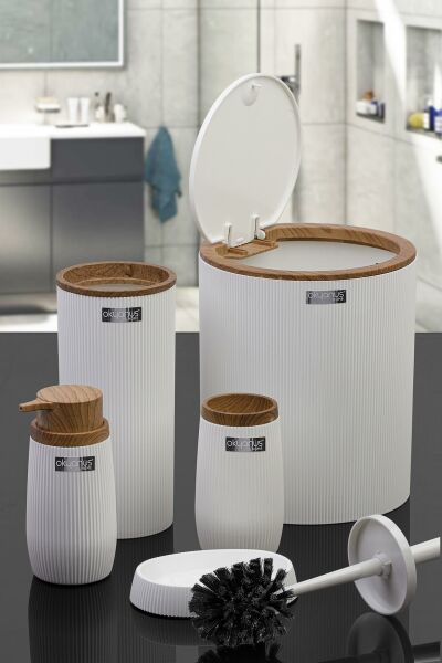 Okyanus Home Beyaz Ahşap Çizgili Yuvarlak 5'li Banyo Seti