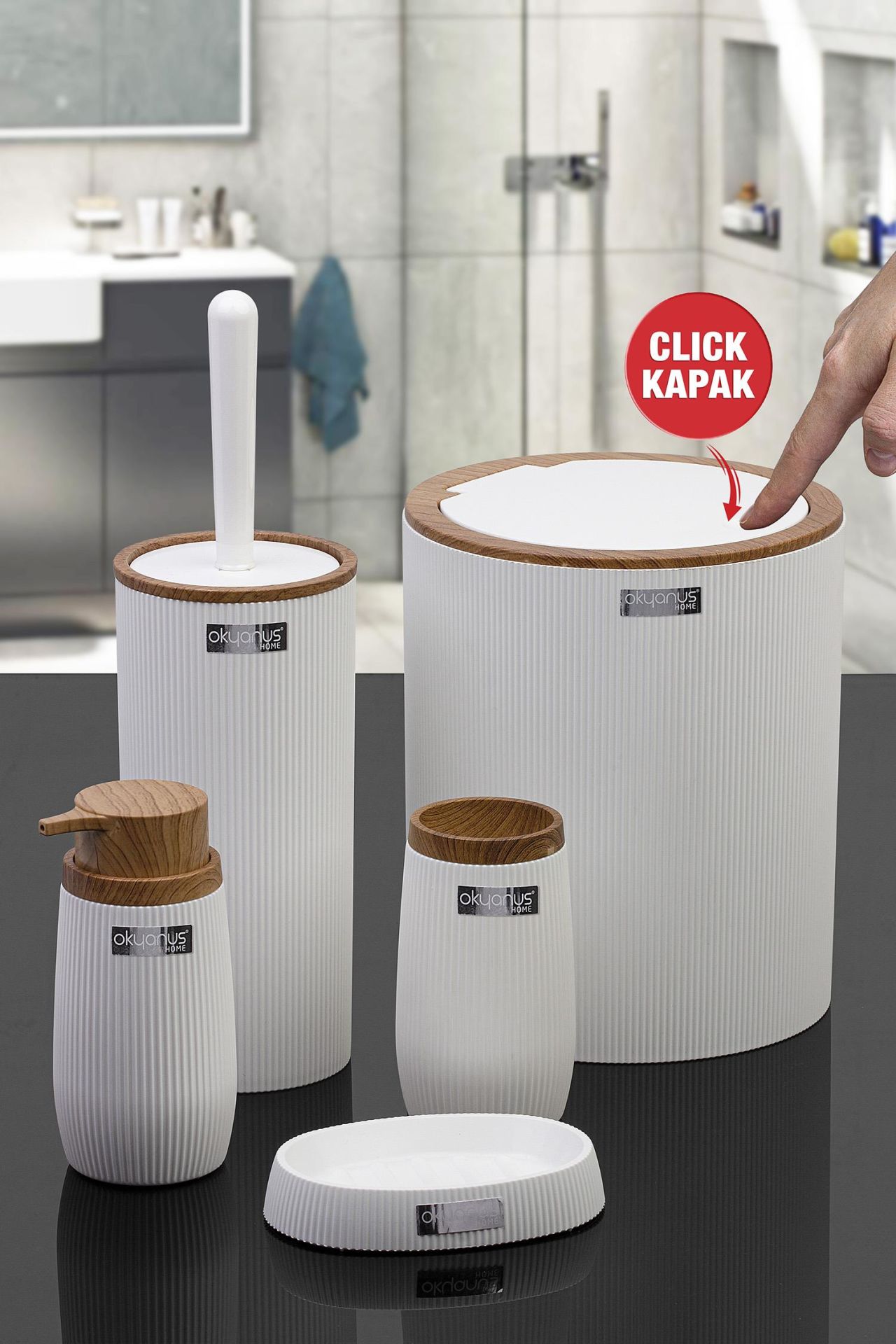 Okyanus Home Beyaz Ahşap Çizgili Yuvarlak 5'li Banyo Seti