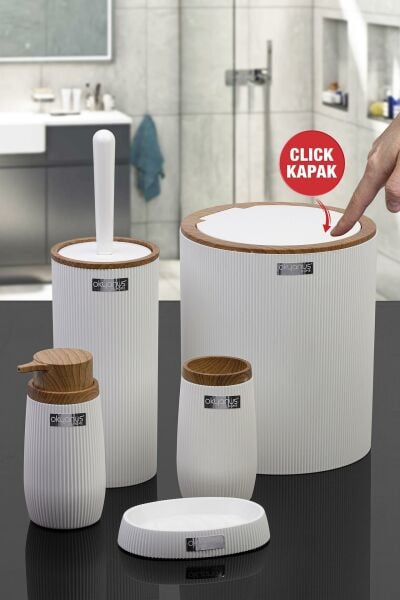 Okyanus Home Beyaz Ahşap Çizgili Yuvarlak 5'li Banyo Seti