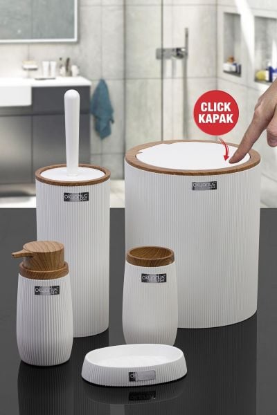 Okyanus Home Beyaz Ahşap Çizgili Yuvarlak 5'li Banyo Seti