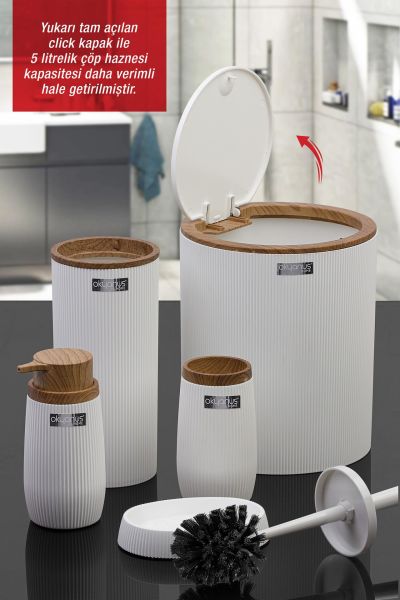 Okyanus Home Beyaz Ahşap Çizgili Yuvarlak 5'li Banyo Seti