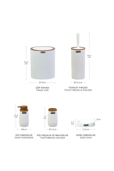 Okyanus Home Beyaz Ahşap Çizgili Yuvarlak 5'li Banyo Seti