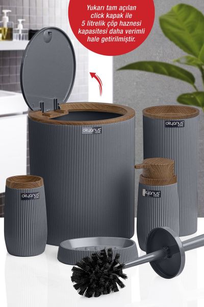 Okyanus Home Antrasit Ahşap Çizgili Yuvarlak 5'li Banyo Seti