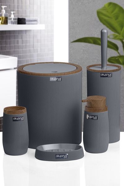 Okyanus Home Antrasit Ahşap Çizgili Yuvarlak 5'li Banyo Seti
