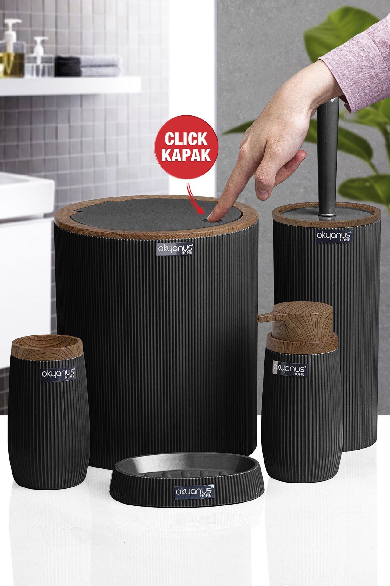 Okyanus Home Siyah Ahşap Çizgili Yuvarlak 5'li Banyo Seti