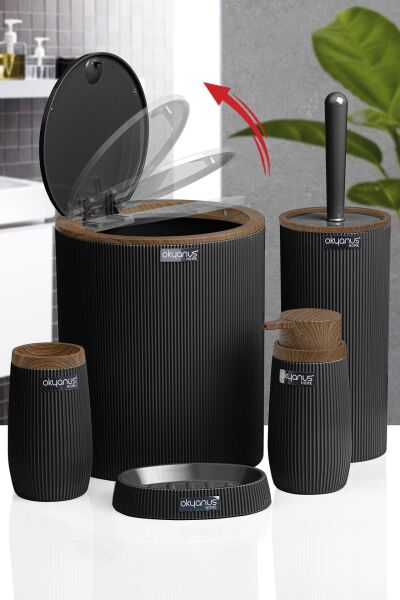 Okyanus Home Siyah Ahşap Çizgili Yuvarlak 5'li Banyo Seti