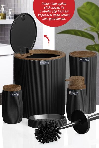 Okyanus Home Siyah Ahşap Çizgili Yuvarlak 5'li Banyo Seti