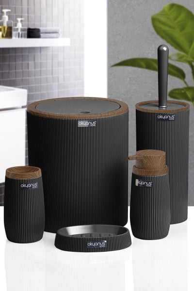 Okyanus Home Siyah Ahşap Çizgili Yuvarlak 5'li Banyo Seti