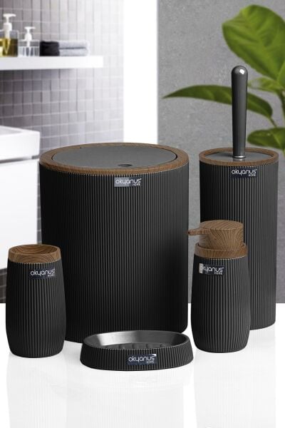 Okyanus Home Siyah Ahşap Çizgili Yuvarlak 5'li Banyo Seti