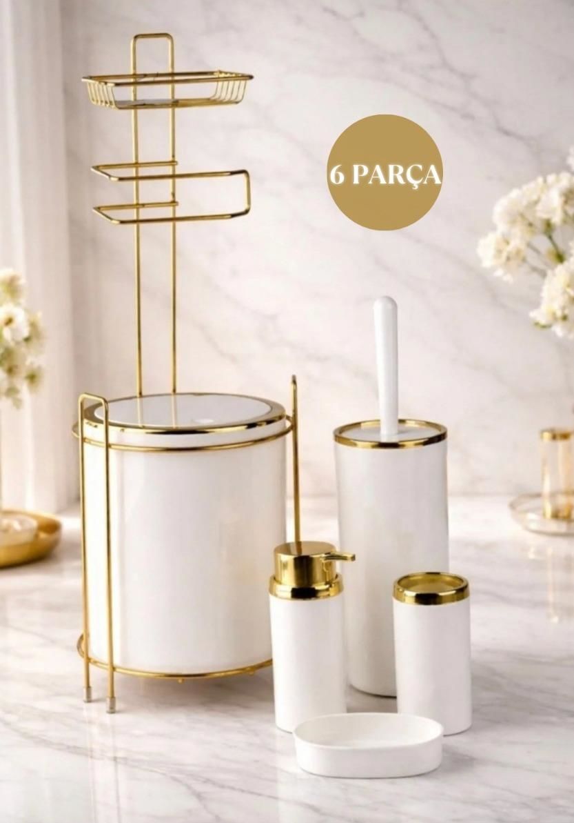 Okyanus Home Yuvarlak Gold Yedekli Wc Kağıtlık ve 6 Parça Banyo Seti - Kırık Beyaz