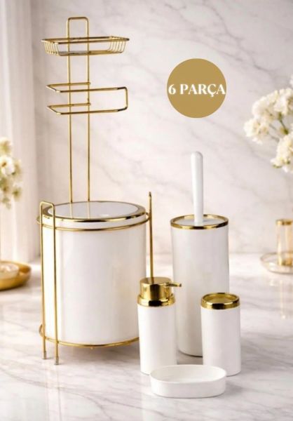 Okyanus Home Yuvarlak Gold Yedekli Wc Kağıtlık ve 6 Parça Banyo Seti - Kırık Beyaz