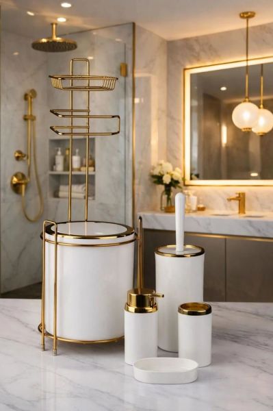 Okyanus Home Yuvarlak Gold Yedekli Wc Kağıtlık ve 6 Parça Banyo Seti - Kırık Beyaz