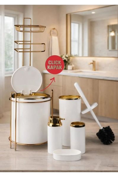 Okyanus Home Yuvarlak Gold Yedekli Wc Kağıtlık ve 6 Parça Banyo Seti - Kırık Beyaz