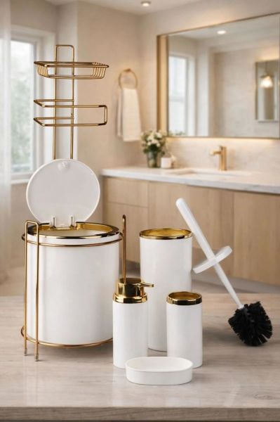 Okyanus Home Yuvarlak Gold Yedekli Wc Kağıtlık ve 6 Parça Banyo Seti - Kırık Beyaz