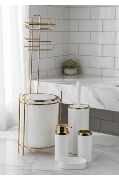 Okyanus Home Yuvarlak Gold Yedekli Wc Kağıtlık ve 6 Parça Banyo Seti - Kırık Beyaz