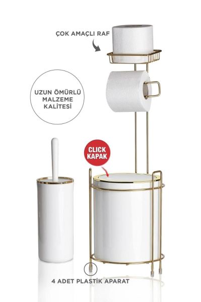 Okyanus Home Yuvarlak Gold Yedekli Wc Kağıtlık ve 6 Parça Banyo Seti - Kırık Beyaz